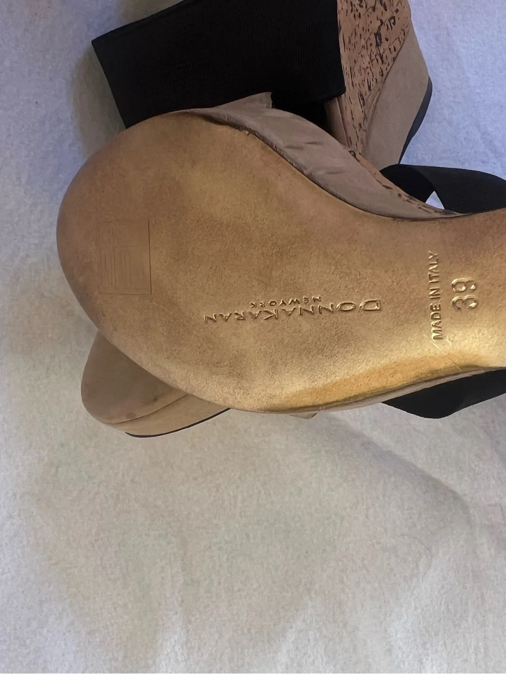 Donna Karan Beige and Black Cork Wedge Sandal